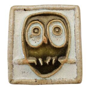 Cub Denmark Pottery Owl Brooch Green Glaze Pin Signed C634